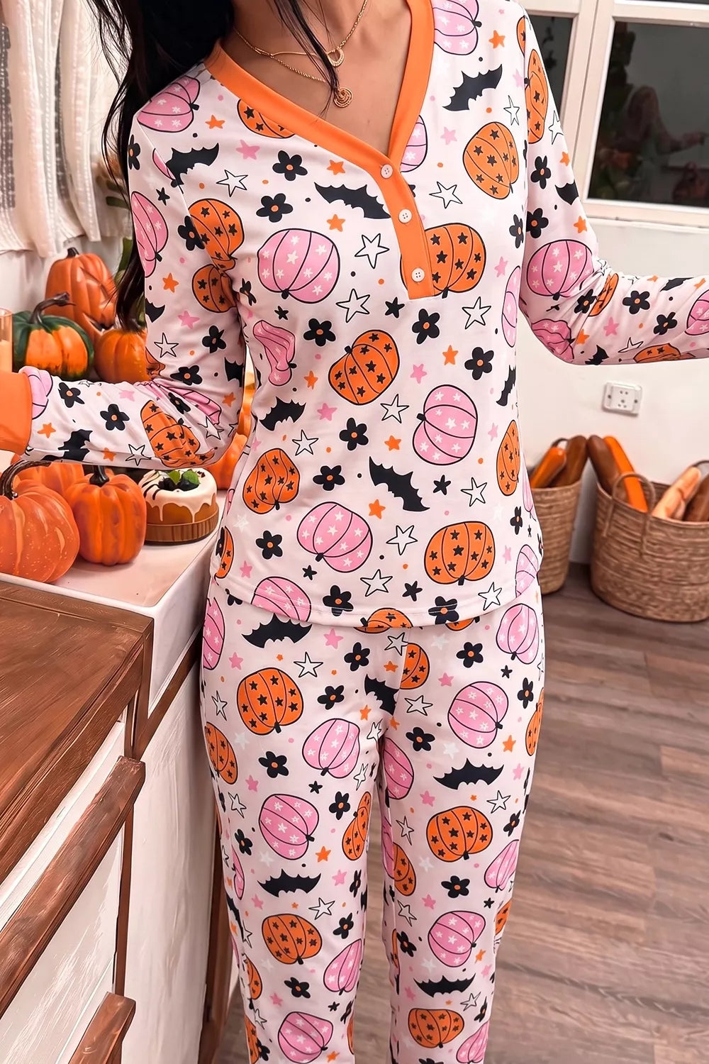 Halloween Pumpkin Print Long Sleeve Home Wear Lounge Set - Lilixa.store