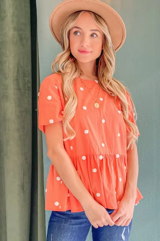 And The Why Pom Pom Polka Dots Short Sleeve Top in Coral, view 7
