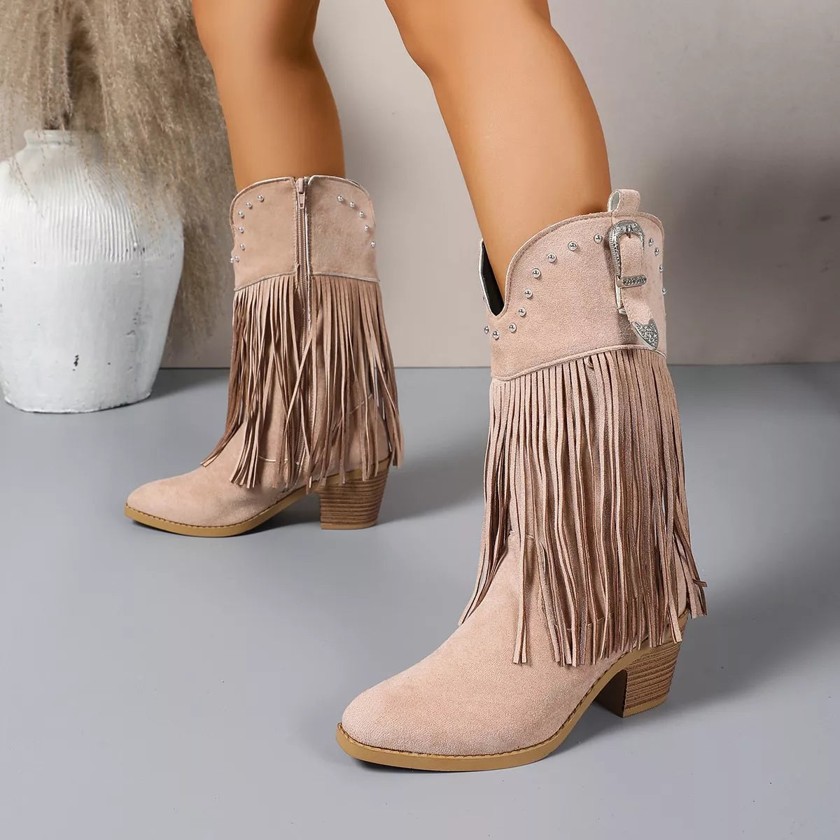 Fringe Round Toe Block Heels Boots - Lilixa.store