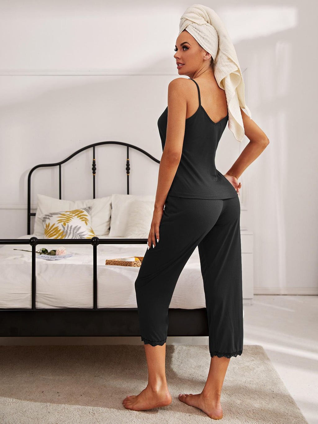V-Neck Lace Trim Slit Cami and Pants Pajama Set - Lilixa.store
