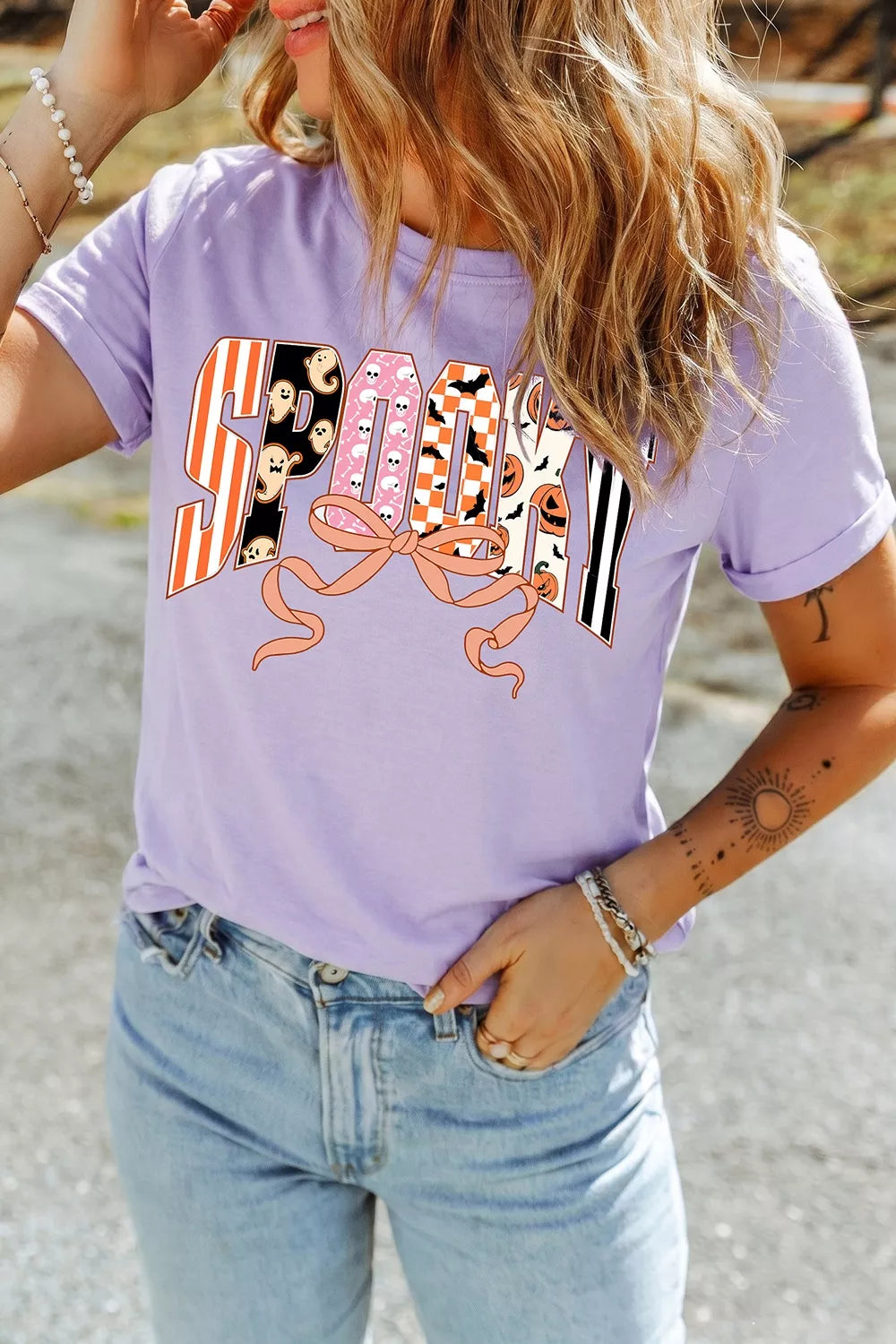 Halloween Spooky Letter Graphic Round Neck Casual T Shirt - Lilixa.store