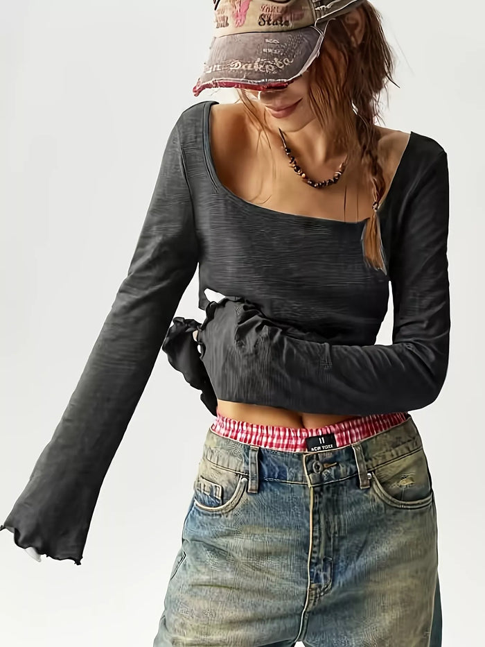 Long Sleeve Square Neck Slim-Fit T-Shirt in Black