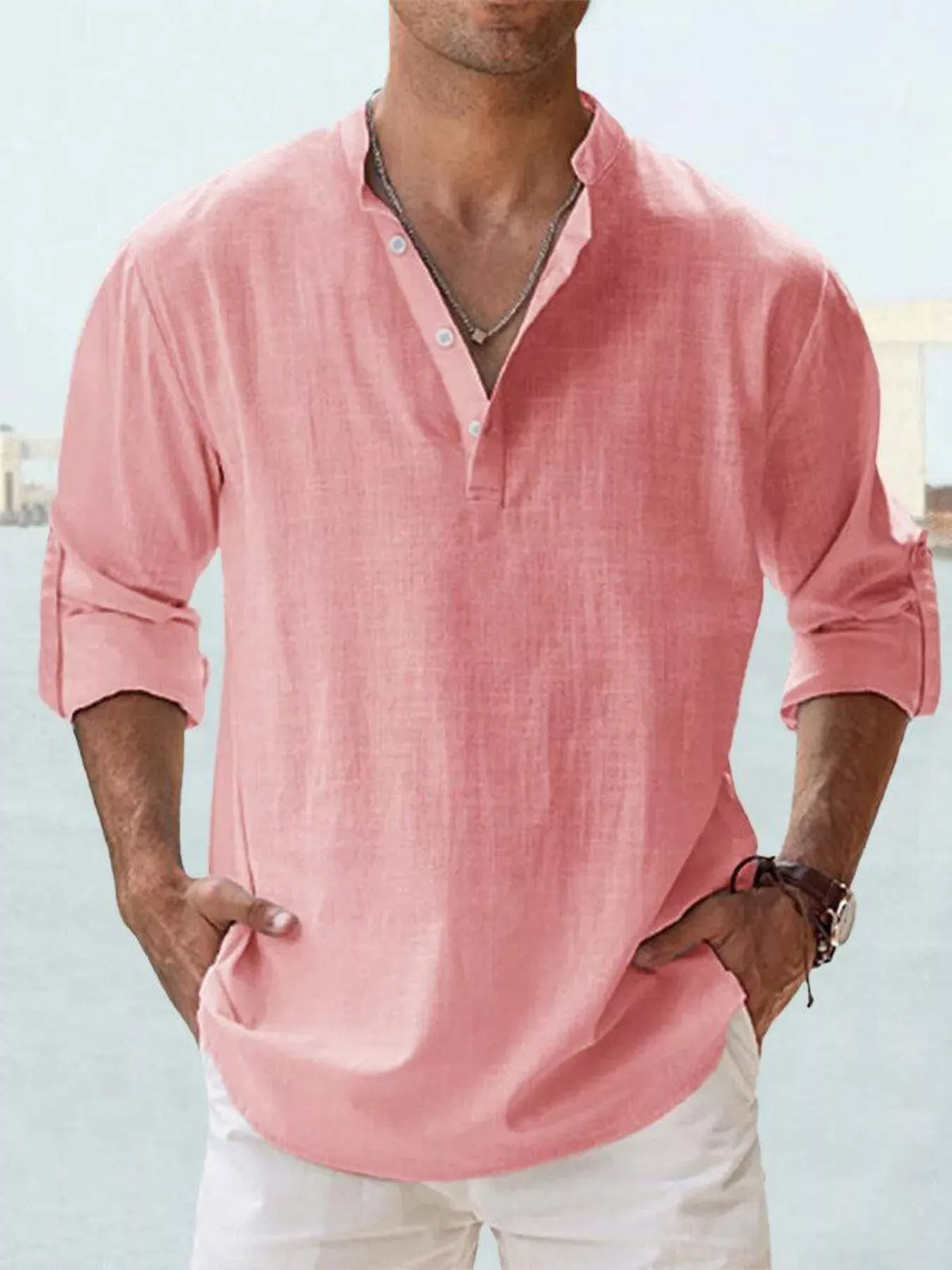 Lilixa Men's Tops Men's Full Size Casual Button Detail Roll-Up Sleeve Blouse Plus Size Men's Full Size Casual Button Detail Roll-Up Sleeve Blouse Plus Size