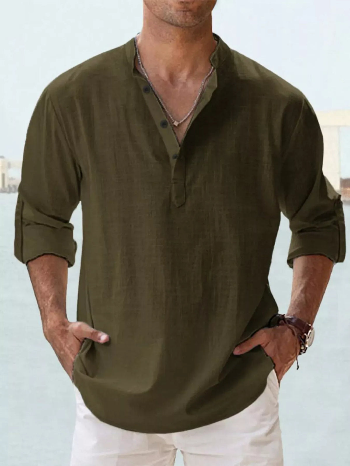 Lilixa Men's Tops Men's Full Size Casual Button Detail Roll-Up Sleeve Blouse Plus Size Men's Full Size Casual Button Detail Roll-Up Sleeve Blouse Plus Size