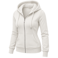 An off-white zip-up hoodie with a soft fleece-lined hood, silver zipper, and drawstring details, shown on a plain white background.