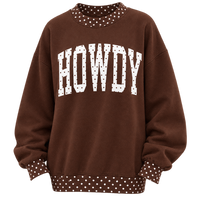 A brown crewneck sweatshirt with 'HOWDY' printed in white varsity-style letters across the chest. The sweatshirt features a brown and white polka dot pattern on the inner collar, cuffs, and hem, and is displayed on a clean white background.