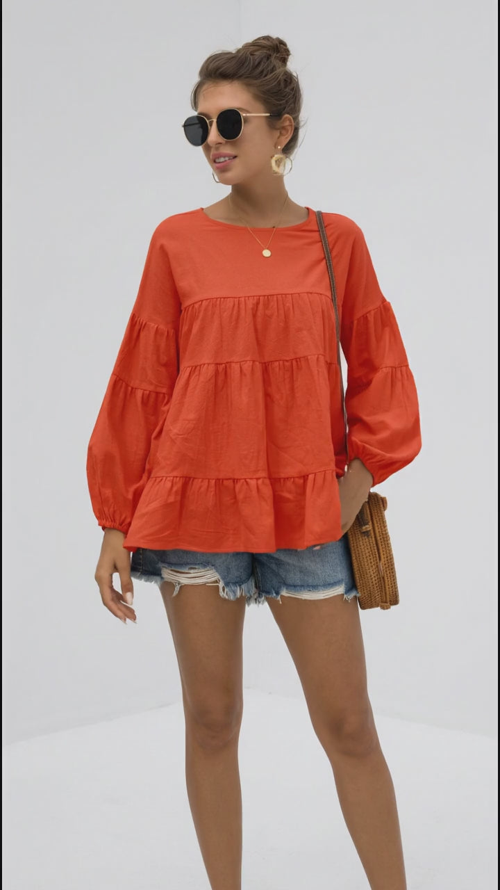 Round Neck Bubble Sleeve Tiered Blouse in Orange