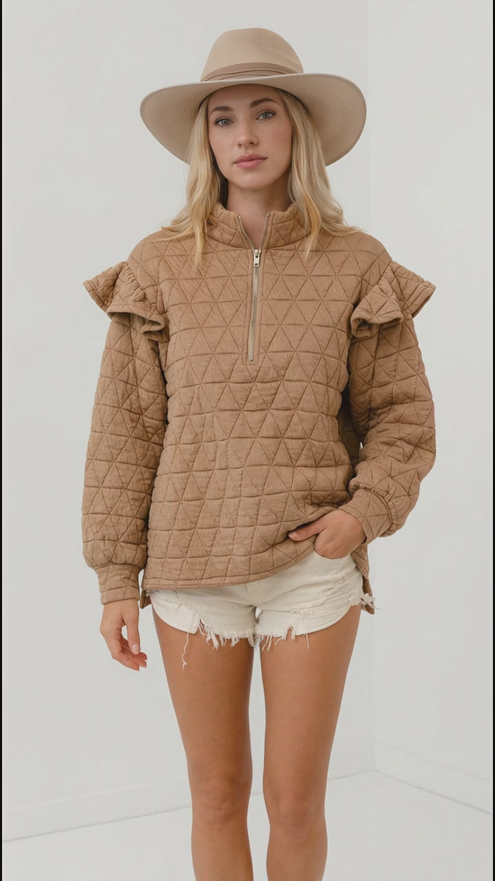 Double Take Ruffled Texture Half Zip Long Sleeve Sweatshirt in Tan