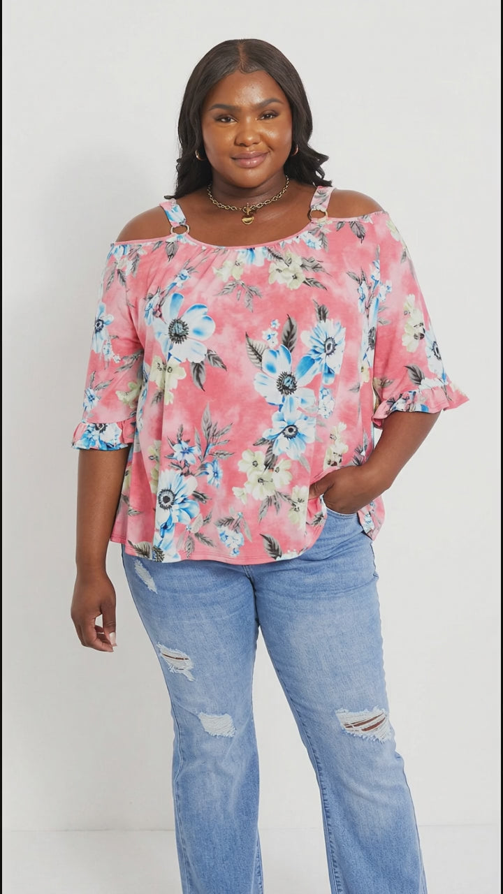 Sew In Love Full Size Fresh Take Floral Cold-Shoulder Top in Hot Pink