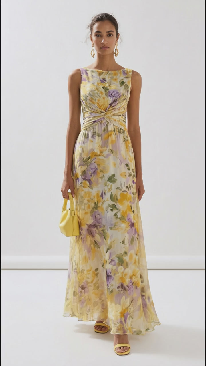 Floral Print Sleeveless Twist-Front Maxi Dress in Yellow