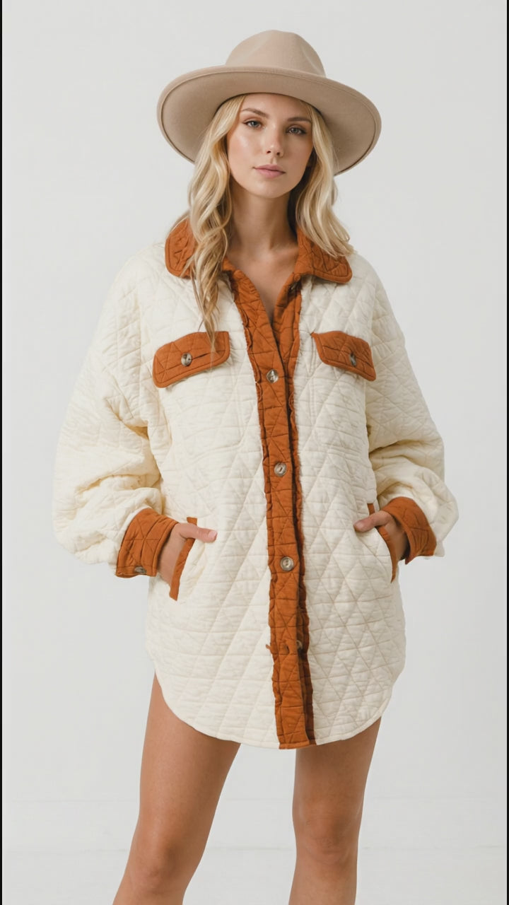 Double Take Full Size Contrast Button Up Quilted Shacket in Cream