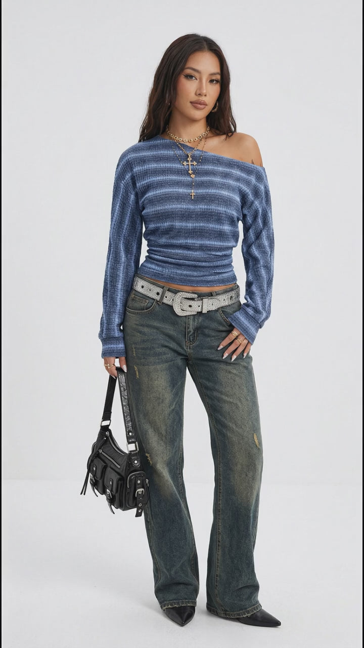 Off-Shoulder Striped Cropped Knit Top in Blue