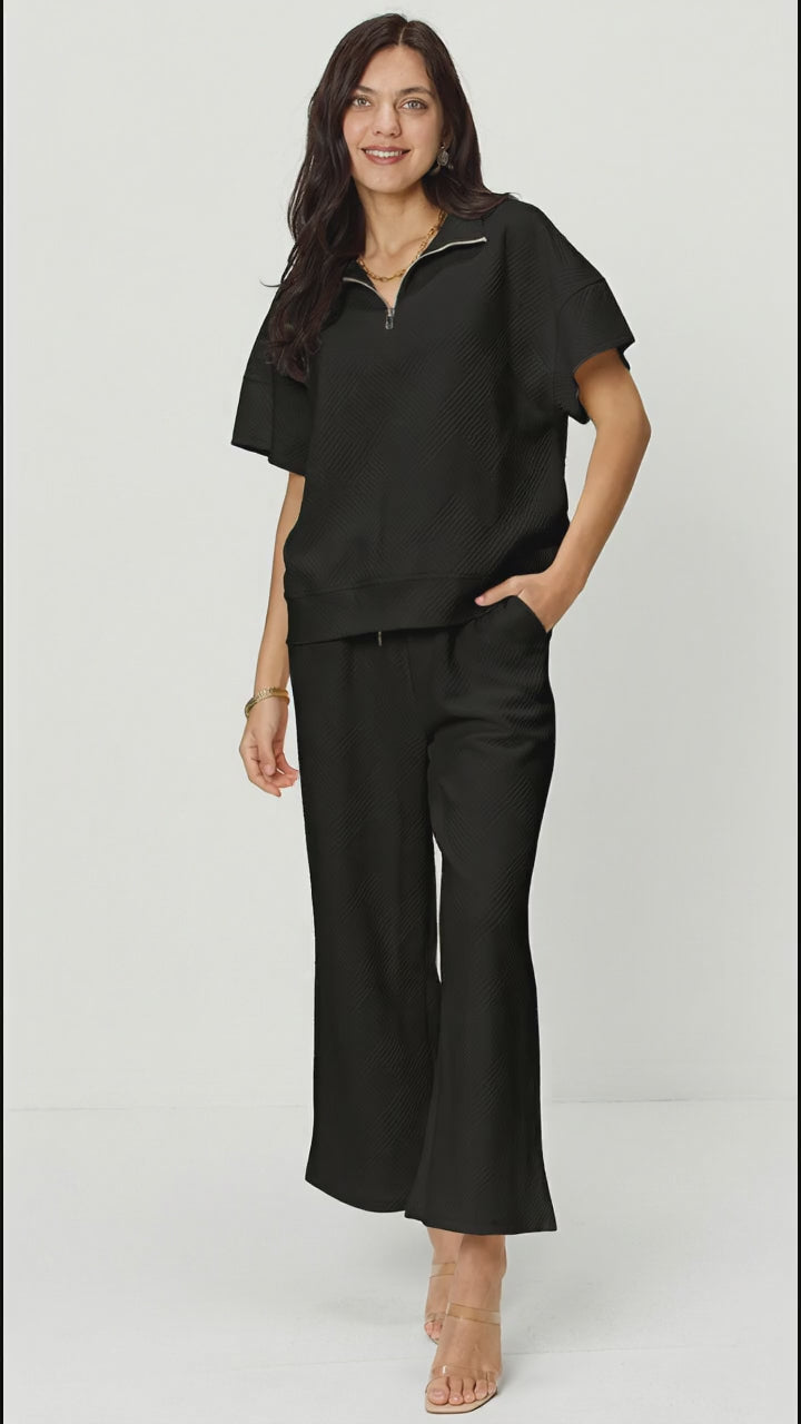 Double Take Full Size Texture Half Zip Short Sleeve Top and Pants Set in Black
