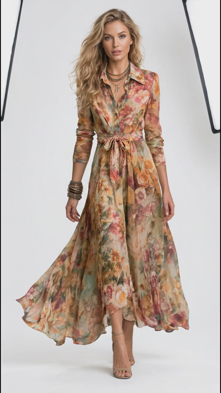 Floral Print Long Sleeve Maxi Shirt Dress