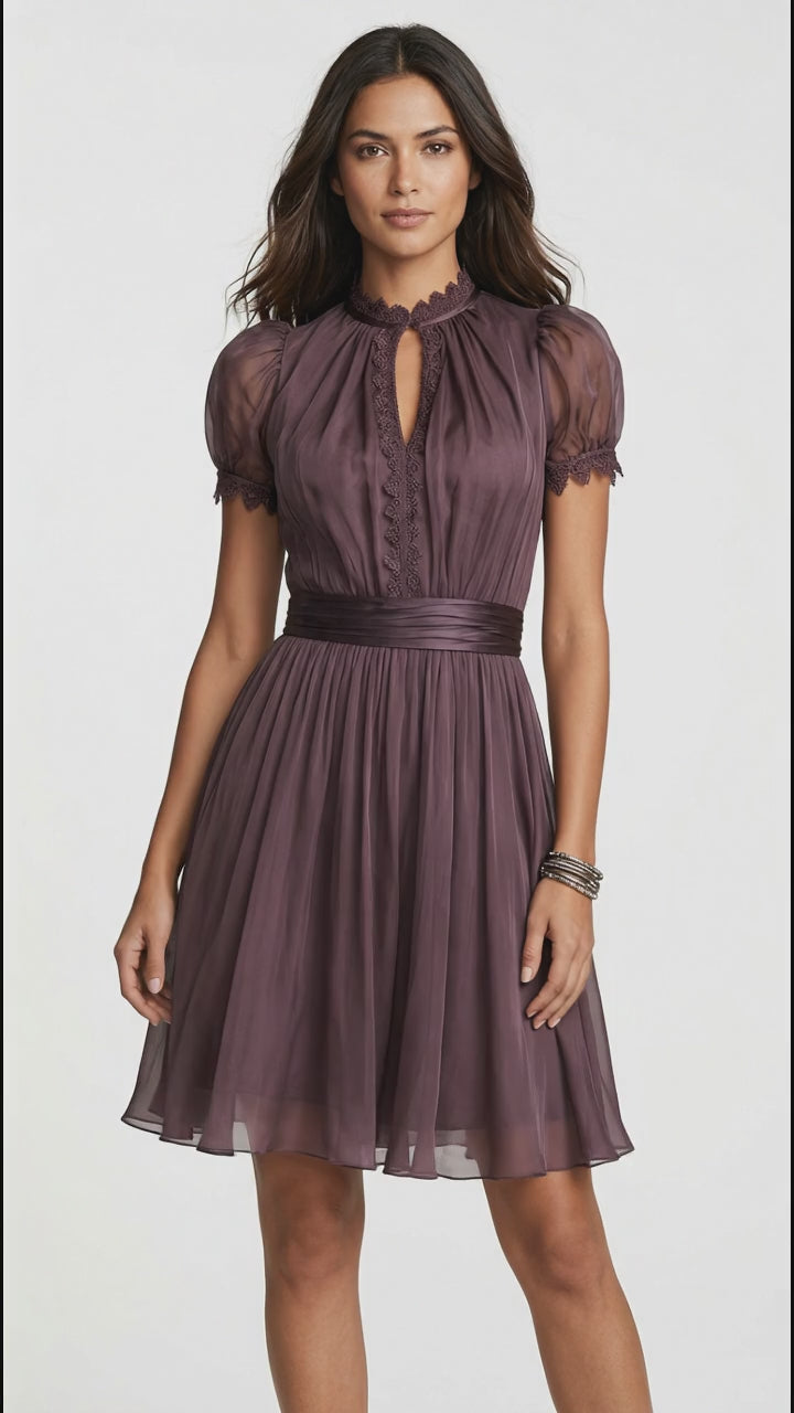 Full Size Lace Trim Puff Sleeve A-Line Dress Plus Size in Purple