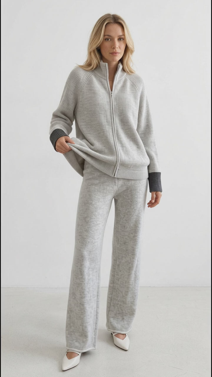 Zip-Up Contrast Cuff Cardigan and Pants Sweater Set in Beige