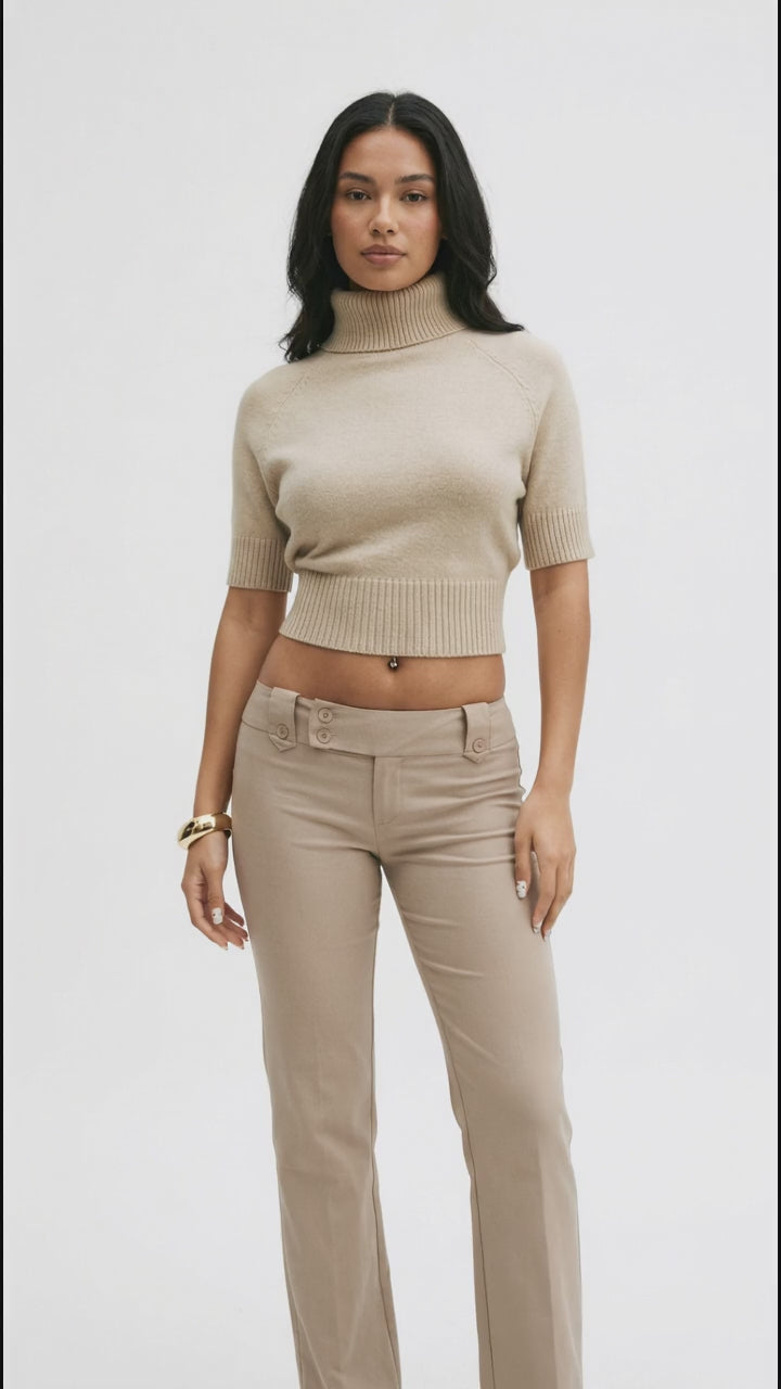 Turtleneck Short-Sleeve Cropped Sweater in Apricot Color