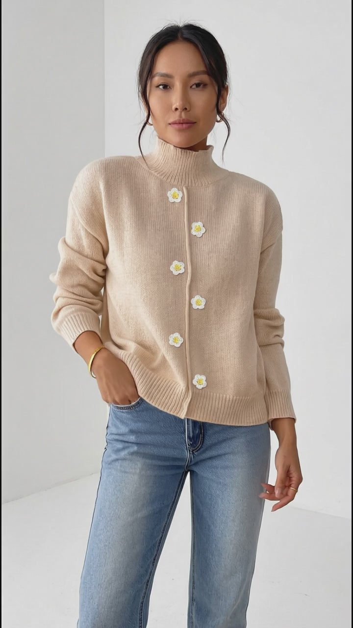Floral Applique Turtleneck Sweater in Khaki