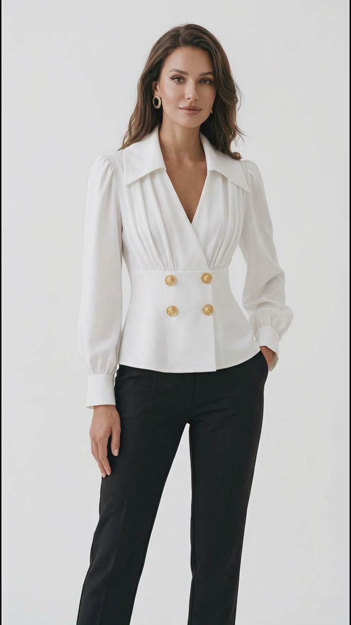 Double-Breasted Peplum Blouse with Gold Buttons in White