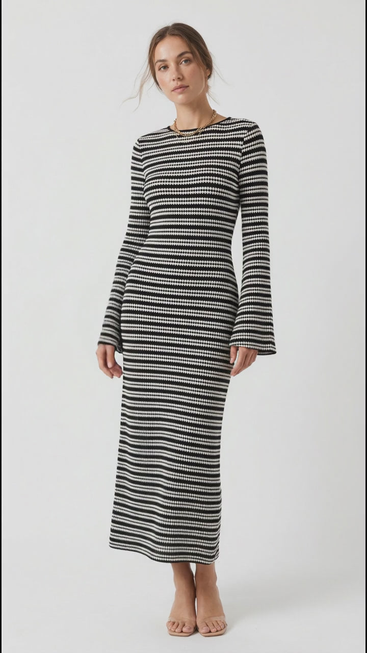 Backless Striped Ribbed Knit Maxi Dress with Flared Sleeves in Black