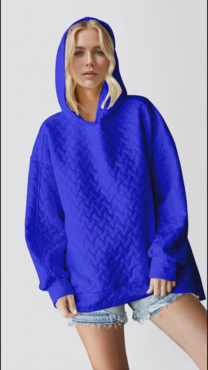 Double Take Full Size Texture Drop Shoulder Long Sleeve Hoodie in Royal Blue