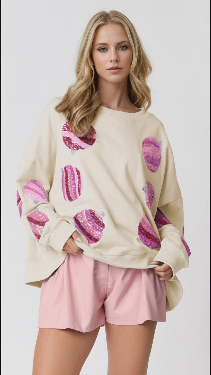Double Take Sequin Round Neck Long Sleeve Sweatshirt in Cream