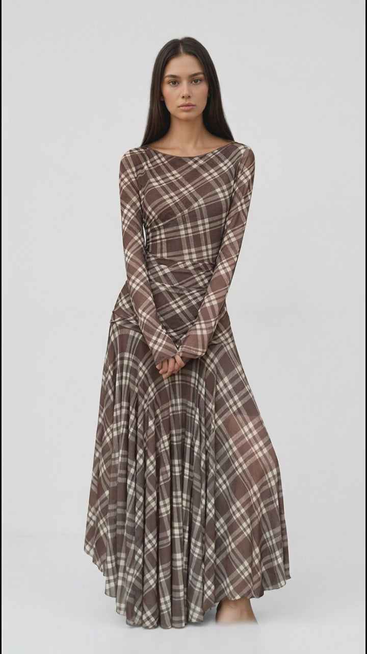 Plaid Long-Sleeve Slim-Fit Maxi Dress in Brown