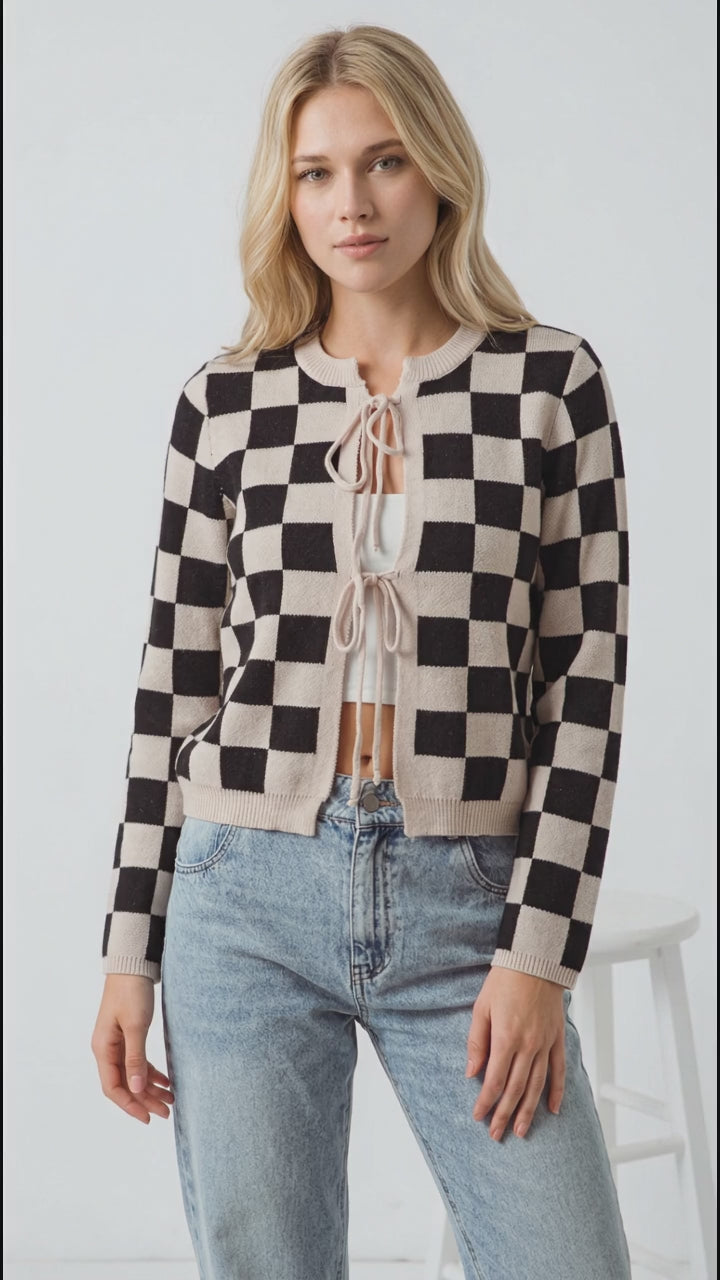 Double Take Full Size Checkered Tie Front Long Sleeve Cardigan in Black