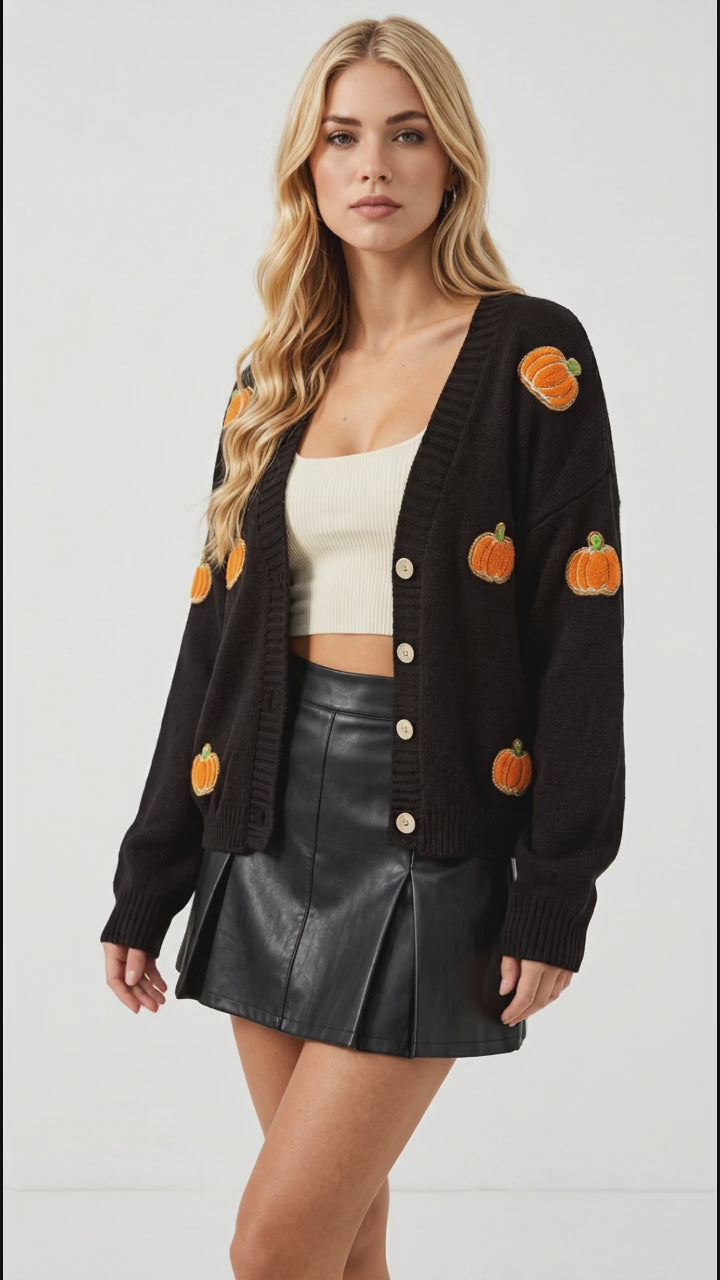 Double Take Full Size Pumpkin Button Up Long Sleeve Cardigan Plus Size in Black