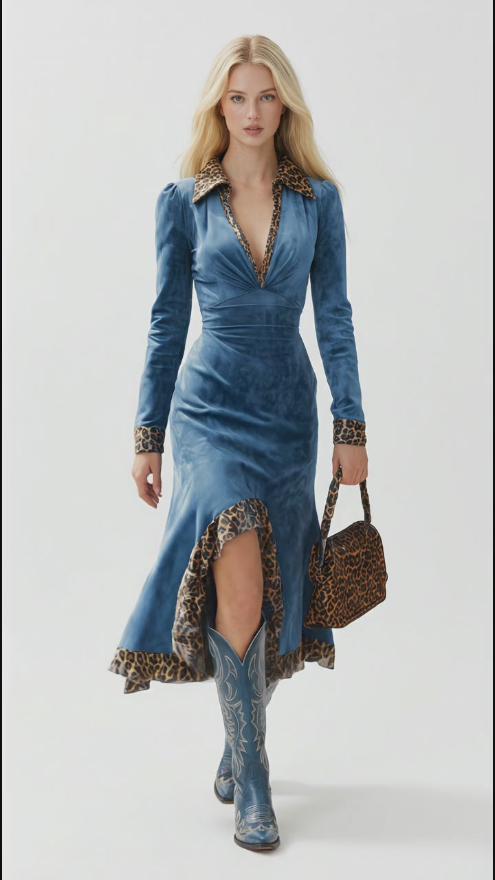 Leopard Trim Long Sleeve Dress in Blue