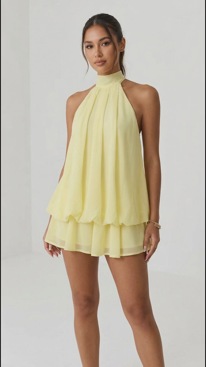 Halter Neck Ruched Mini Dress in Yellow