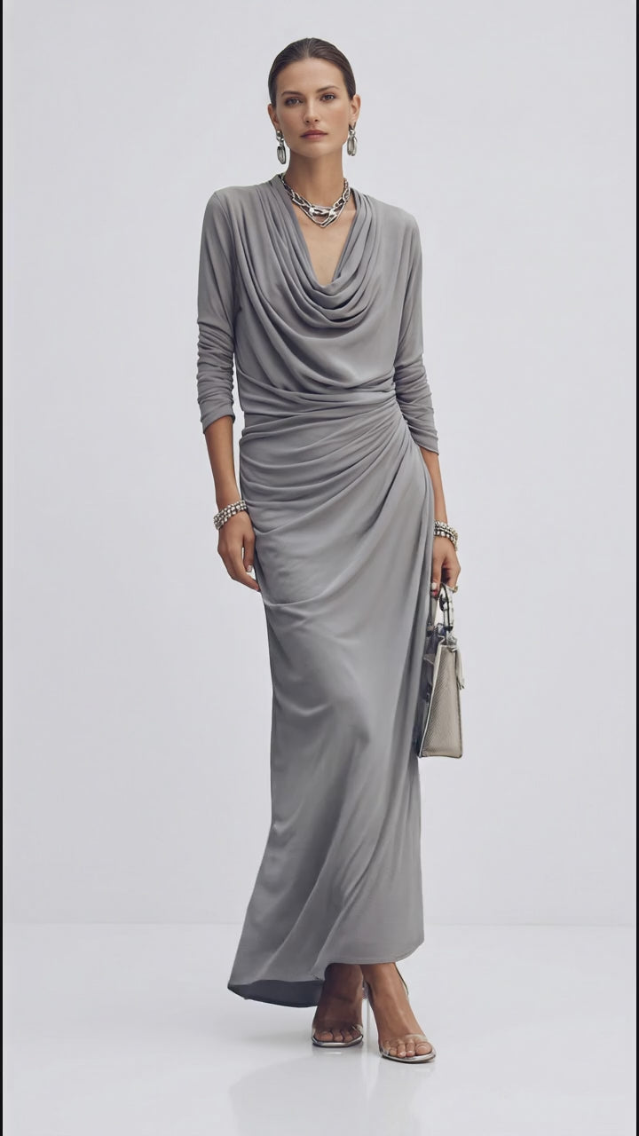 Cowl Neck Long Sleeve Maxi Dress in Gray