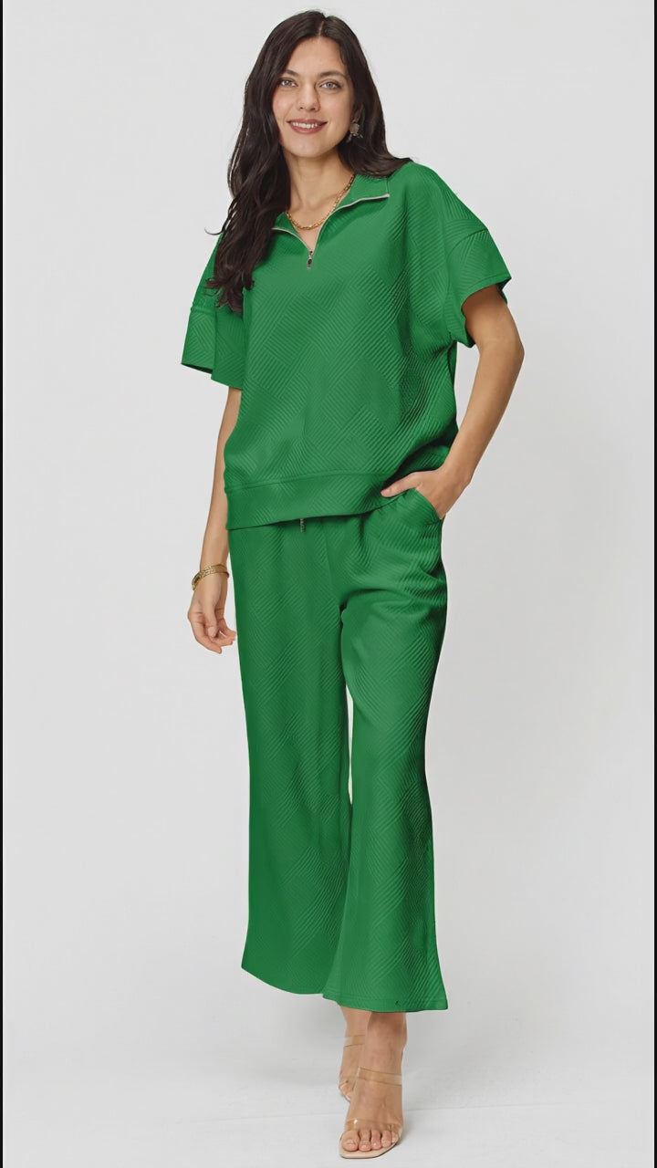Double Take Full Size Texture Half Zip Short Sleeve Top and Pants Set in Green