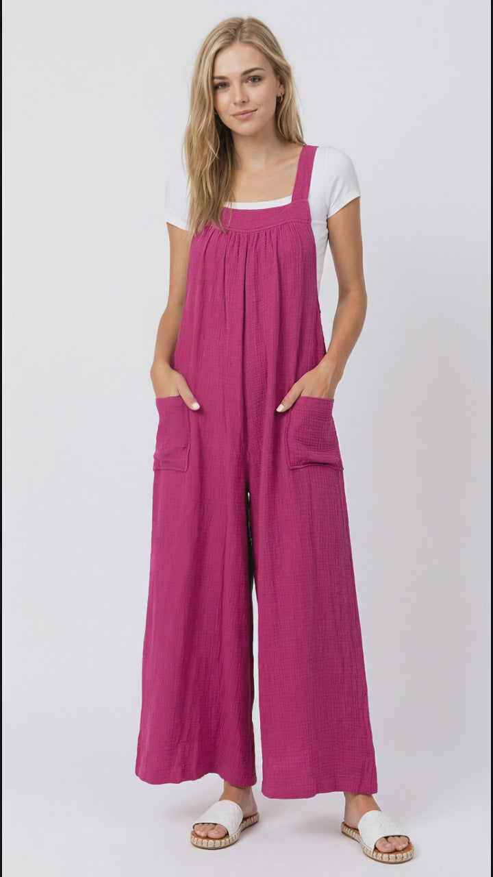 Double Take Full Size Wide Leg Overalls with Pockets in Hot Pink