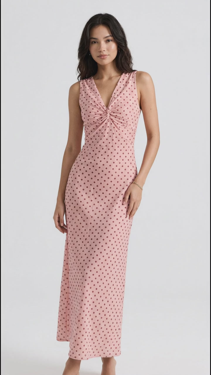 Polka Dot Twist-Front Sleeveless Maxi Dress in Pink