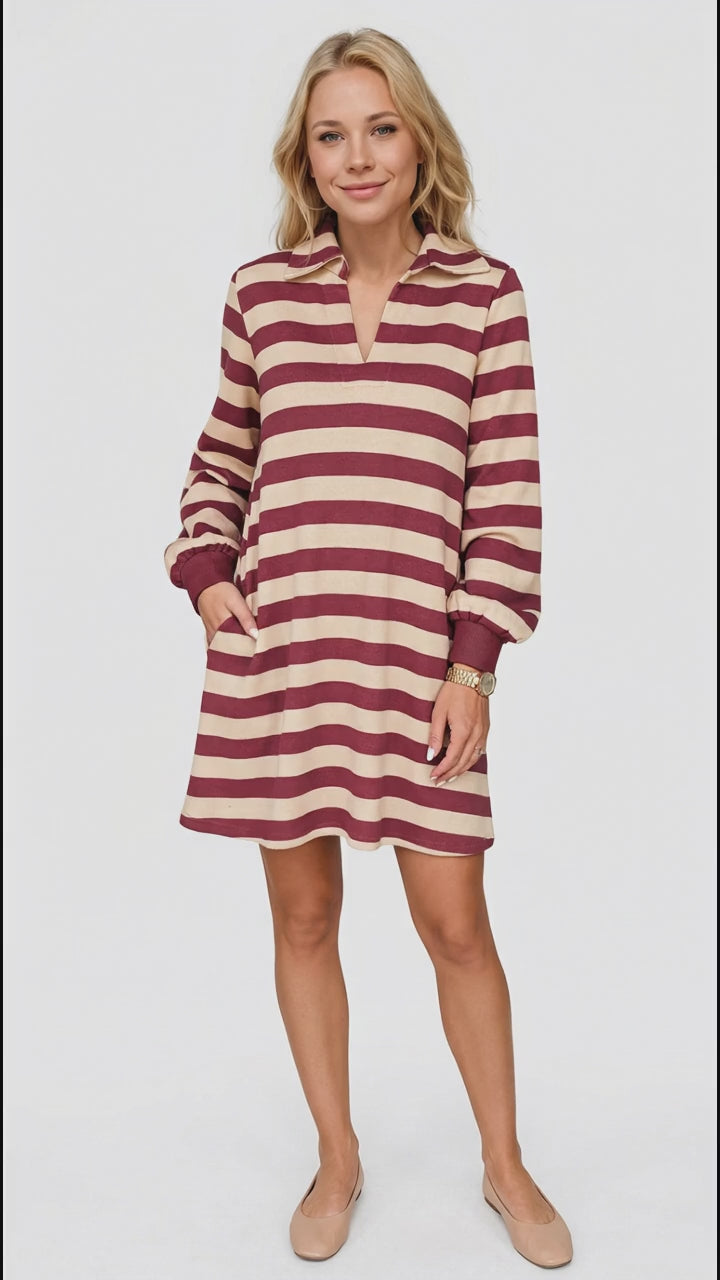 Double Take Full Size Striped Contrast Collared Neck Long Sleeve Dress in Deep Rose
