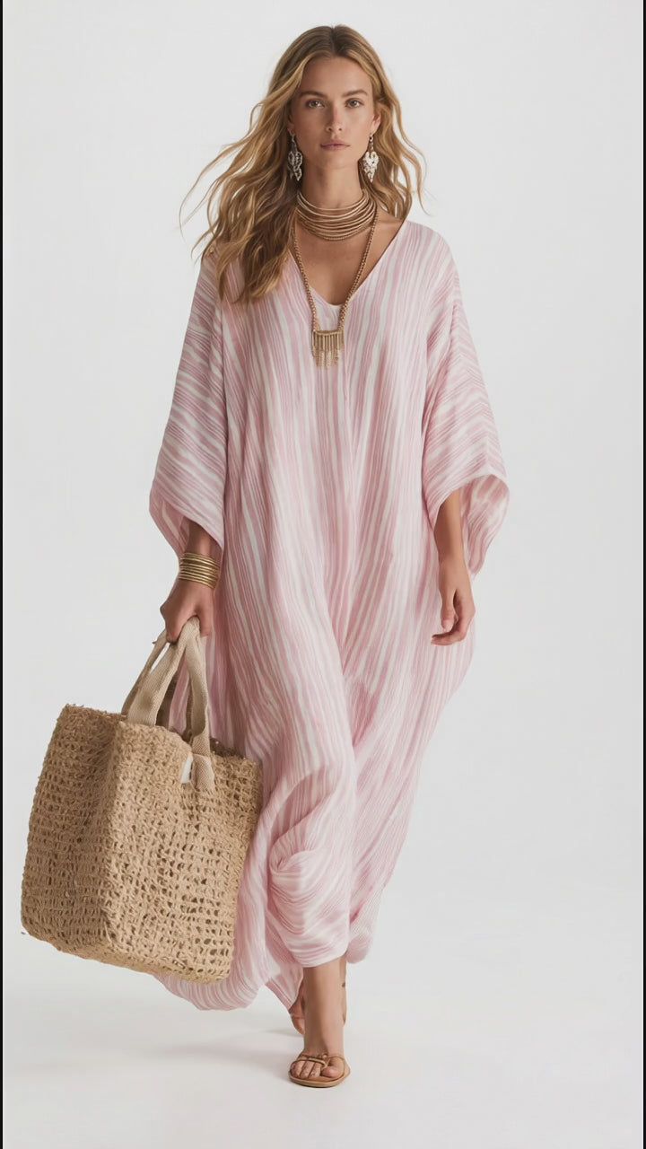 Striped V-Neck Maxi Dress in Blush Pink