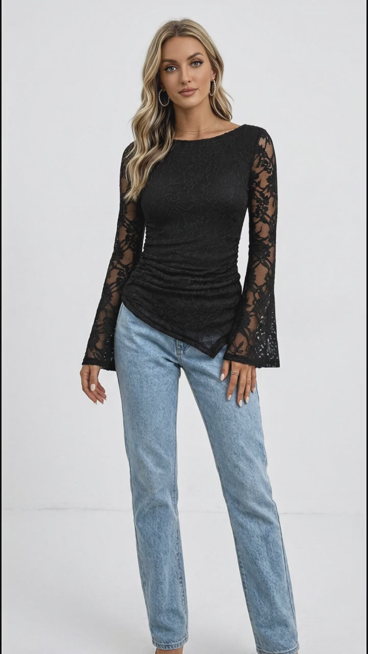 Floral Lace Long Sleeve Blouse with Flared Cuffs in Black