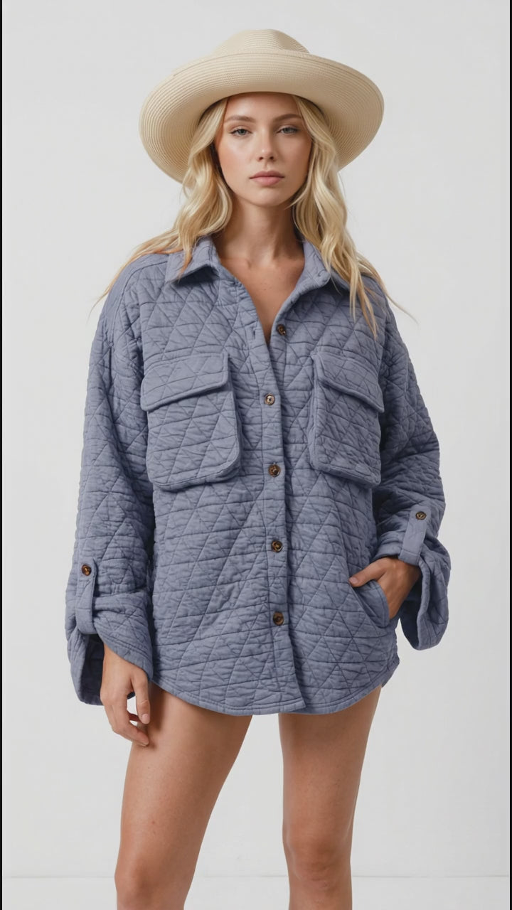 Double Take Button Up Quilted Shacket with Chest Pockets in Dusty Blue
