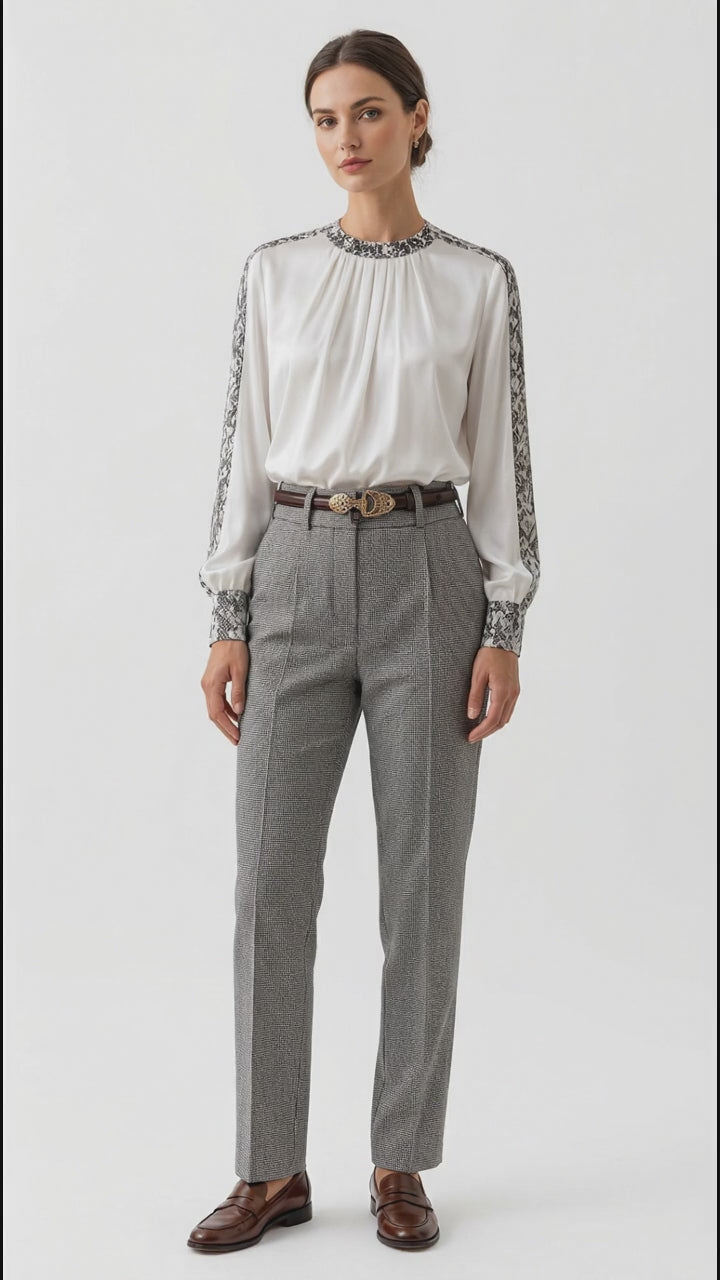 Snake Print Contrast Trim Satin Blouse in White