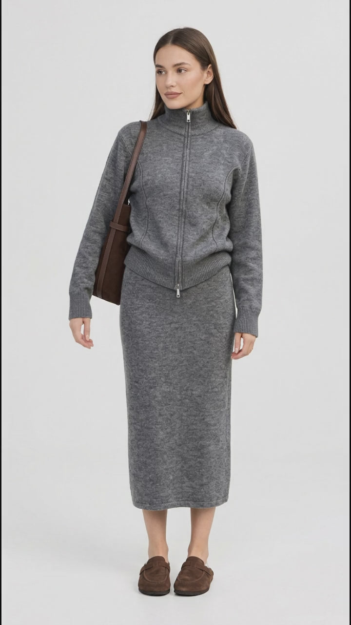 Zip-Up Mock Neck Cardigan and Matching Midi Skirt Sweater Set in Dark Gray