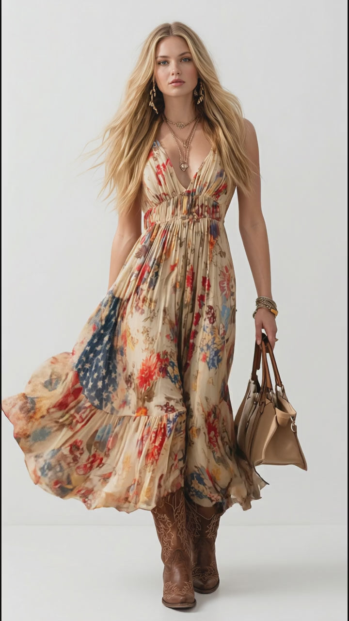 Floral Print V-Neck Midi Dress with Ruffled Hem in Khaki