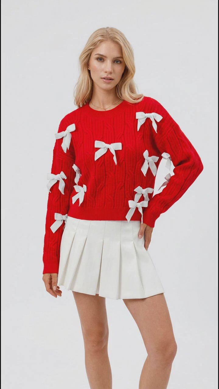 Double Take Full Size Bow Cable-Knit Round Neck Sweater in Red