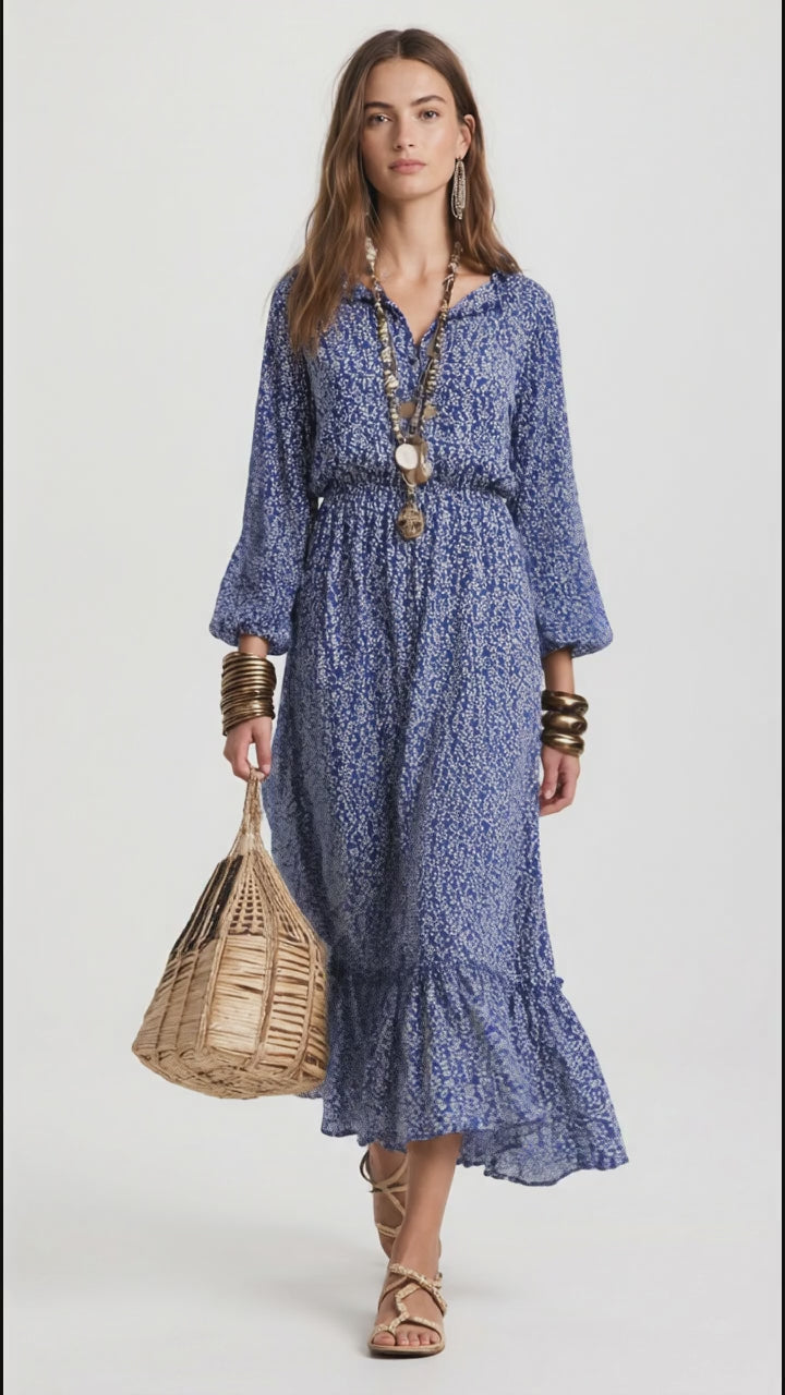 Floral Print Long-Sleeve Ruffle Hem Midi Dress in Royal Blue