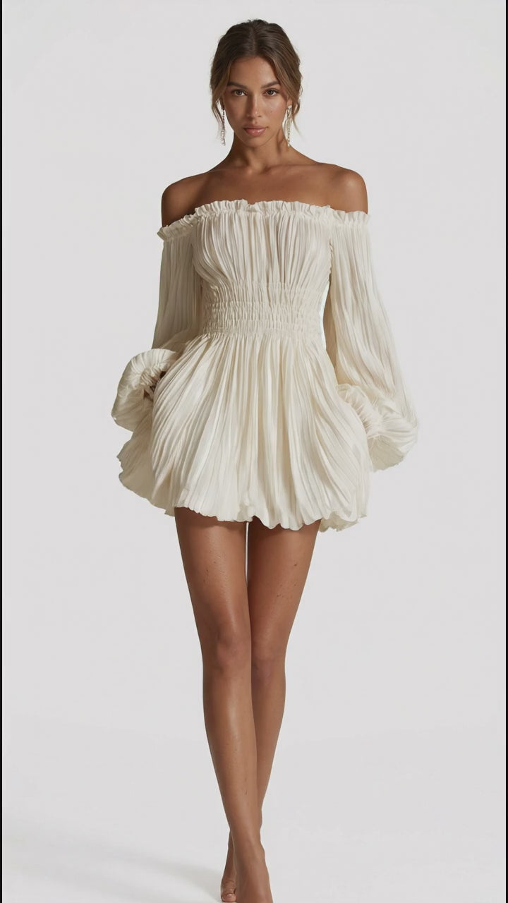 Off-Shoulder Pleated Mini Dress in Cream