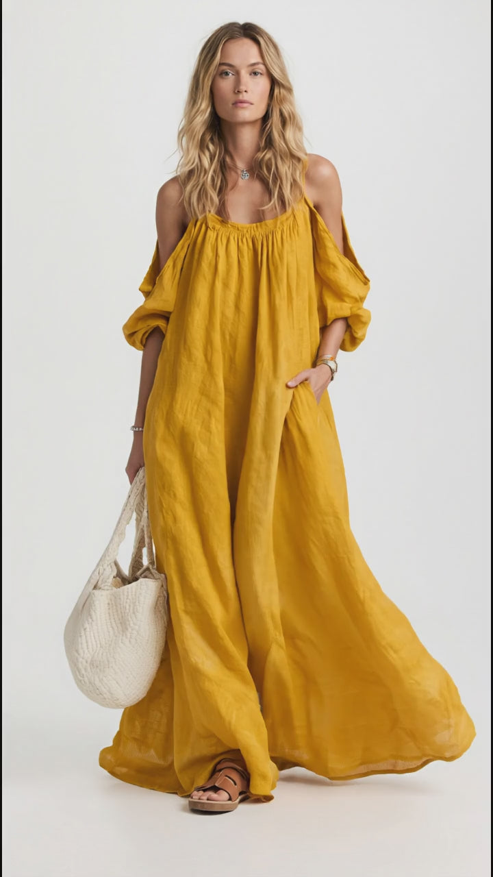 Full Size Cold-Shoulder Linen Maxi Dress Plus Size in Mustard