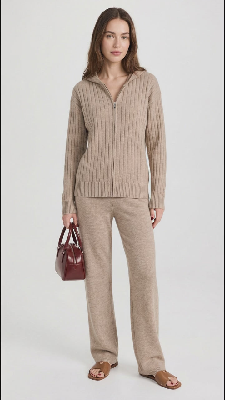 Cozy Ribbed Knit Zip-Up Hoodie and Wide-Leg Pants Sweater Set in Tan