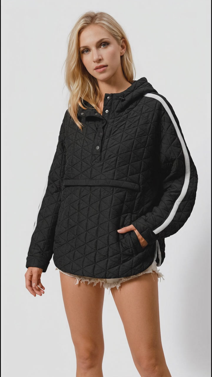 Double Take Contrast Trim Long Sleeve Half Snap Texture Hoodie with Pocket in Black
