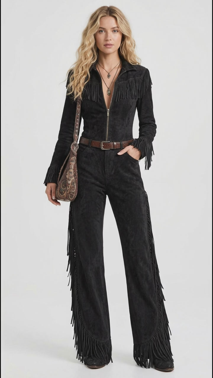 Western-Inspired Suede Fringe Jumpsuit with Zipper Front in Black