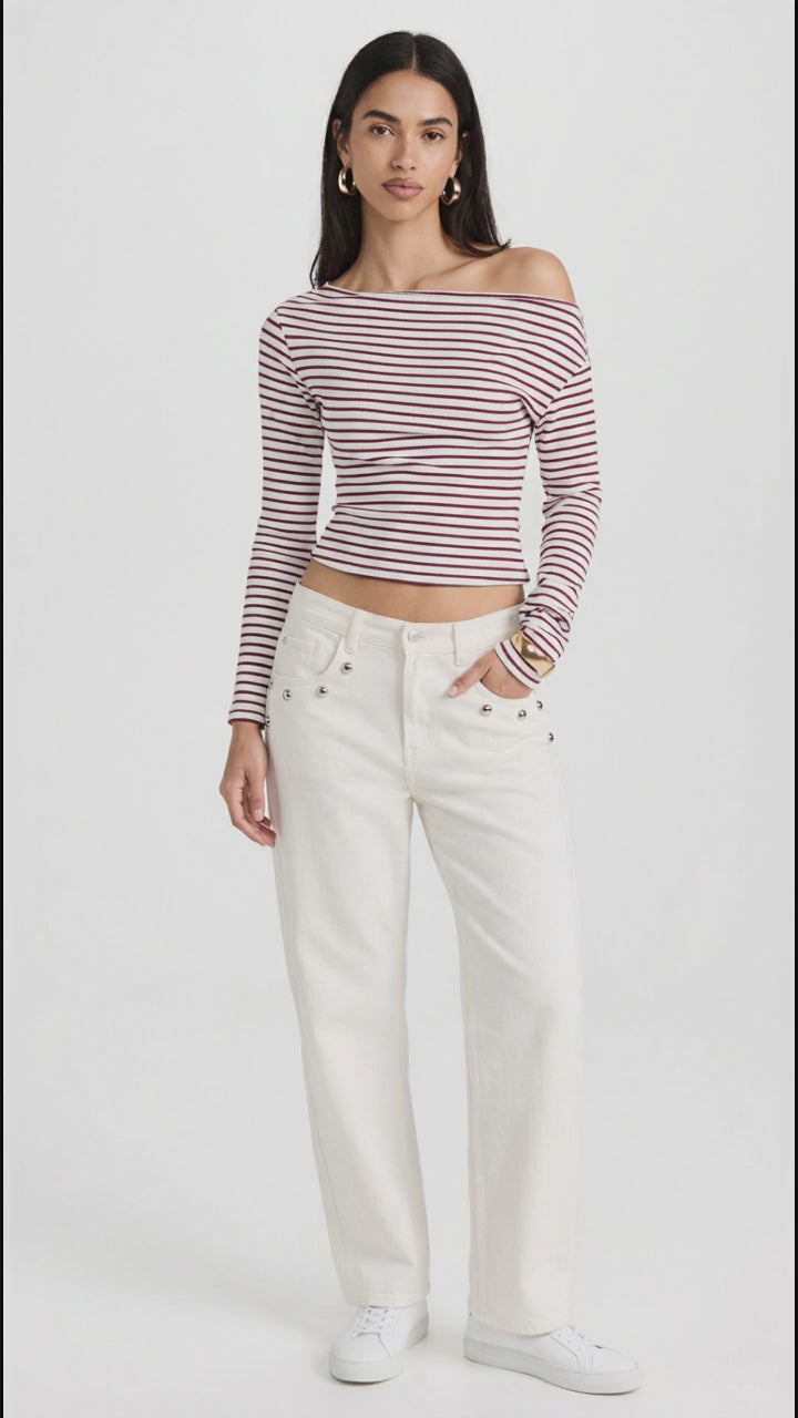 Off-Shoulder Striped Ribbed Long Sleeve T-Shirt in Burgundy